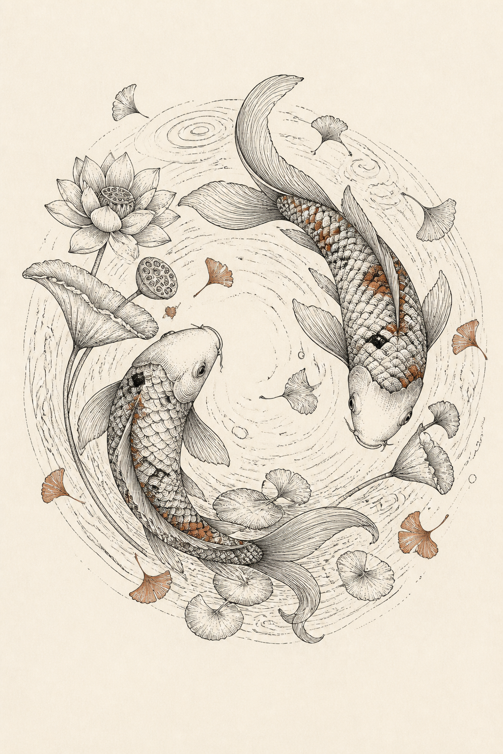 The Quiet Orbit, Black fine-line pen & ink with muted rust pigment