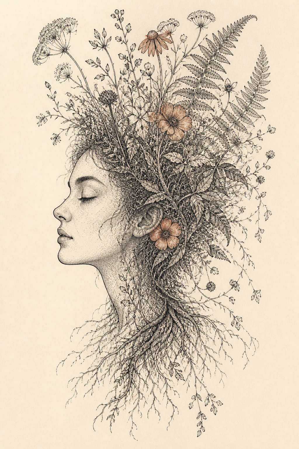 Rooted in Bloom, Black fine-line pen & ink with muted earth pigment